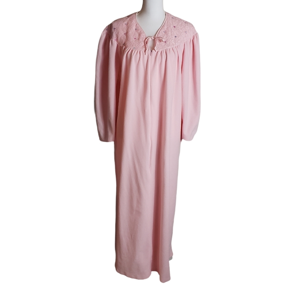 Vintage Vanity Fair Pink Fleece Robe Sz Medium ? Floral Lace Bell Sleeve Zip Up